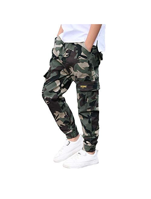 Rolanko Boys' Cargo Pants Casual Kids Joggers Elastic Waist Outdoor Hiking Baggy Trousers 4-14 Years