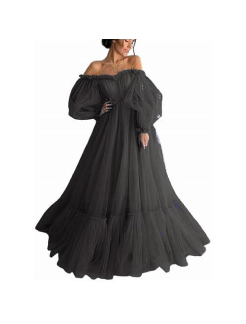 TPonline Tulle Off Shoulder Court Train Prom Dress Long Sweetheart Puff Sleeves Wedding Gown with Lace Up TPPD002