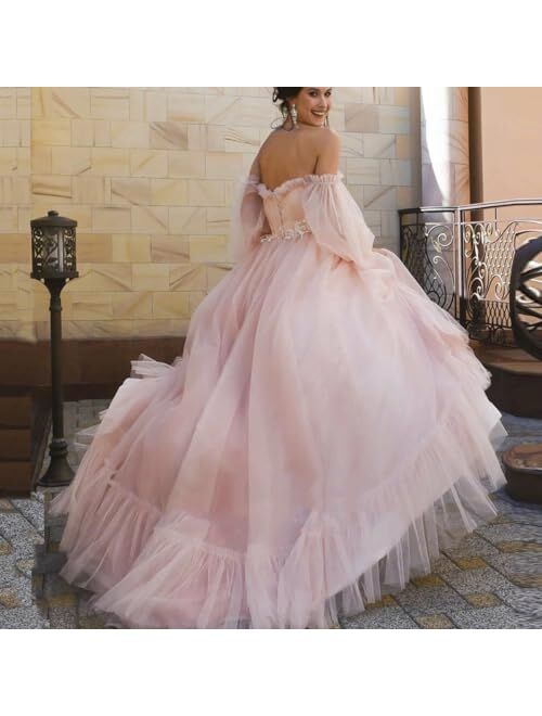 TPonline Tulle Off Shoulder Court Train Prom Dress Long Sweetheart Puff Sleeves Wedding Gown with Lace Up TPPD002