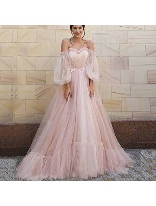 TPonline Tulle Off Shoulder Court Train Prom Dress Long Sweetheart Puff Sleeves Wedding Gown with Lace Up TPPD002