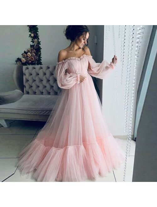 TPonline Tulle Off Shoulder Court Train Prom Dress Long Sweetheart Puff Sleeves Wedding Gown with Lace Up TPPD002