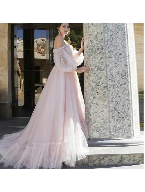 TPonline Tulle Off Shoulder Court Train Prom Dress Long Sweetheart Puff Sleeves Wedding Gown with Lace Up TPPD002