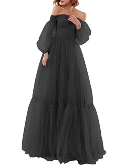 Sumnus Off Shoulder Prom Dresses Long Tulle A-Line Puffy Sleeve Formal Evening Party Gowns