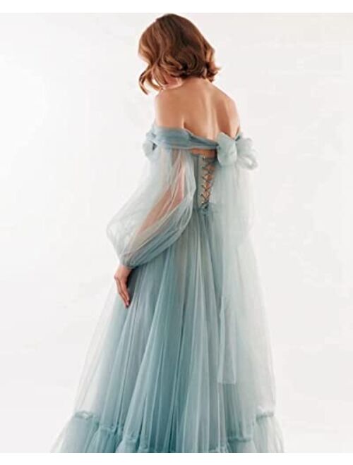 Sumnus Off Shoulder Prom Dresses Long Tulle A-Line Puffy Sleeve Formal Evening Party Gowns