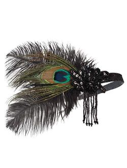BODIY Peacock Feather Flapper Headbands Vintage Roaring 1920s Gatsby Headpieces Sequines Prom Hair Accessories Jewelry for Women and Girls Black