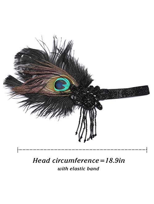 BODIY Peacock Feather Flapper Headbands Vintage Roaring 1920s Gatsby Headpieces Sequines Prom Hair Accessories Jewelry for Women and Girls Black