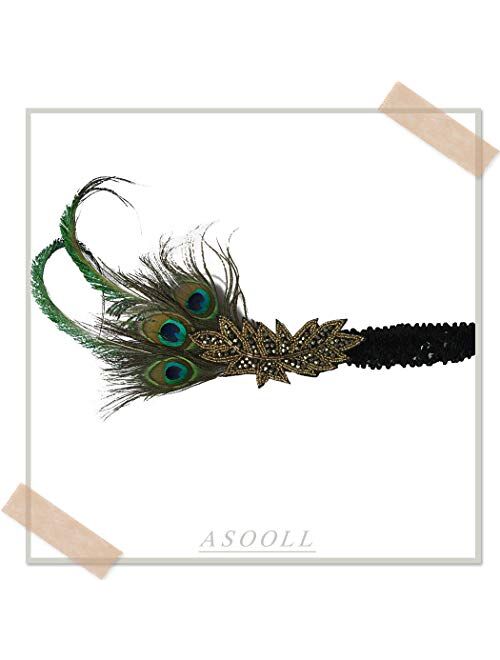 Asooll Gold Vintage 1920s Flapper Headband Roaring 20s Great Gatsby Headpiece with Peacock Feather 1920s Flapper Headband for Women and Girls