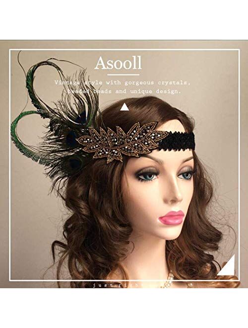 Asooll Gold Vintage 1920s Flapper Headband Roaring 20s Great Gatsby Headpiece with Peacock Feather 1920s Flapper Headband for Women and Girls