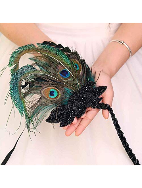 Asooll Art Deco 1920's Flapper Feather Peacock Headband Elegant Gatsby Pearl Tassel Headband Prom Hair Accessories for Women and Girls