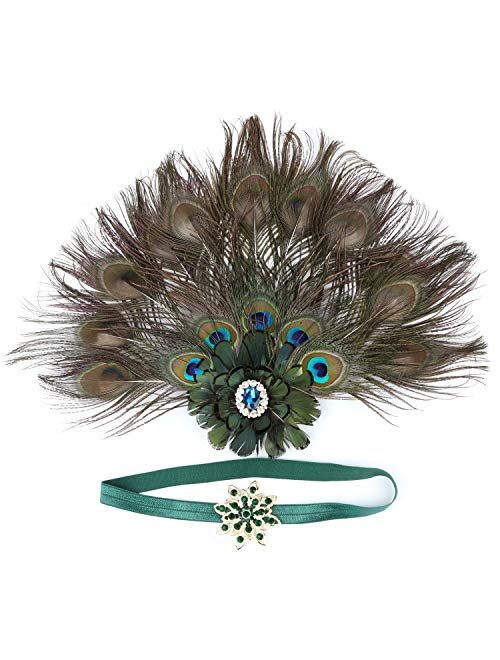 LATIMOON 1920s Flapper Headband Roaring 20s Headpiece Gatsby Peacock Feather Headpiece with rhinestones
