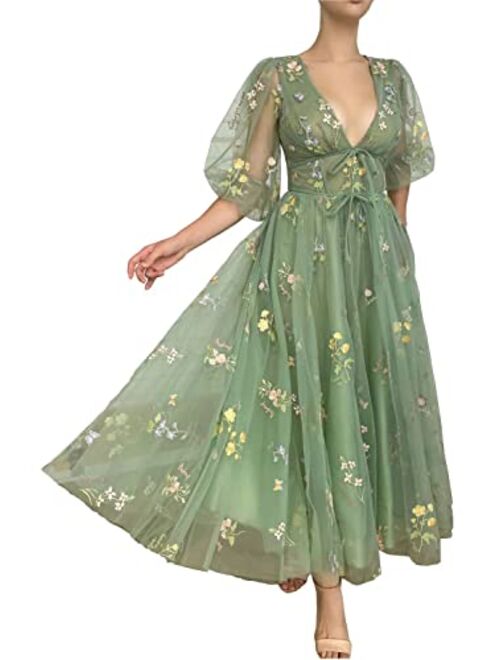 Smileven Women's Puffy Sleeve Prom Dresses Flower Embroidery Tulle Formal Evening Party Gowns