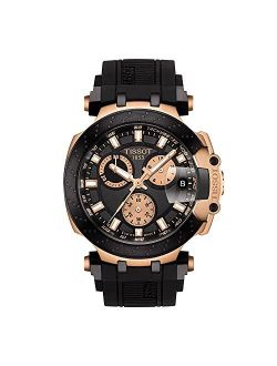 Men's T-Race Chrono Quartz 316L Stainless Steel case with Black and Rose Gold PVD Coating Swiss Silicone Strap, 22 Casual Watch (Model: T1154173705100)