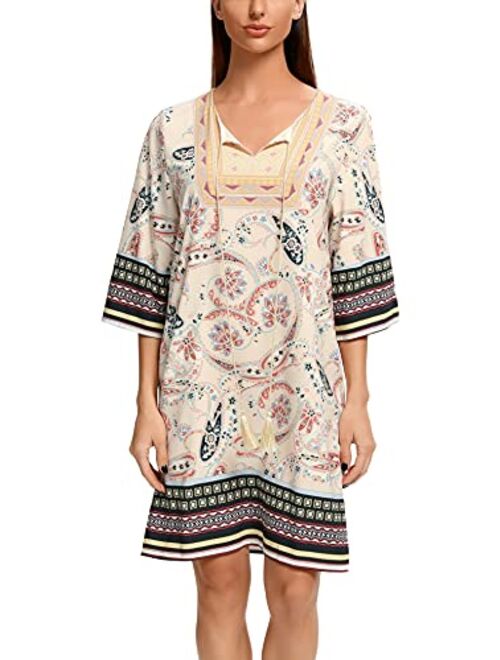 Urban CoCo Women's Summer Shift Dress Tie Neck Printed Bohemian Tunic Dress