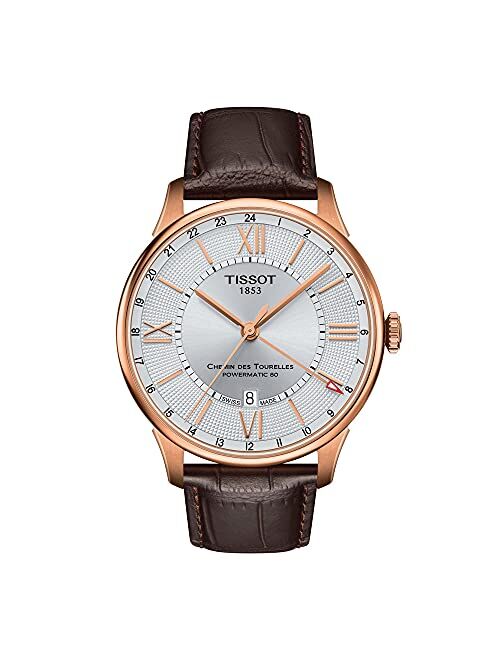 Tissot Men's Chemin des Tourelles 316L Stainless Steel case with Rose Gold PVD Coating Swiss Automatic Watch with Leather Strap, Brown, 21 (Model: T0994293603800)