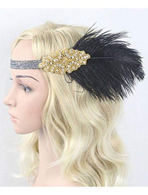 Z&X 1920s Feather Flapper Headband Inspired Leaf Crystal Pearl Headpiece 20's Roaring Hair Accessories for Women
