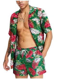 Conmite Men's Hawaiian Shirts Sets Short Sleeve Casual Button Down Beach Flower Shirt and Shorts Suits