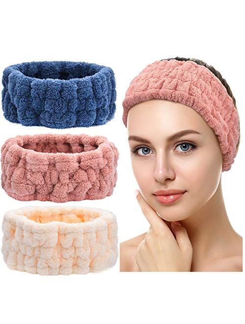Chuangdi 3 Pieces Spa Facial Headband for Makeup and Washing Face Terry Cloth Hairband Yoga Sports Shower Facial Elastic Head Band Wrap for Girls and Women (Black, White,