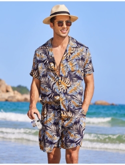 Mens Hawaiian Shirt Sets Floral Short Sleeve Button Down Shirt Suit