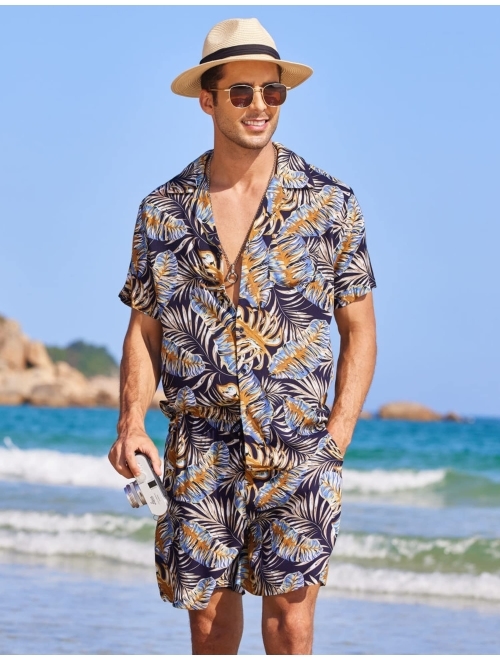 COOFANDY Mens Hawaiian Shirt Sets Floral Short Sleeve Button Down Shirt Suit