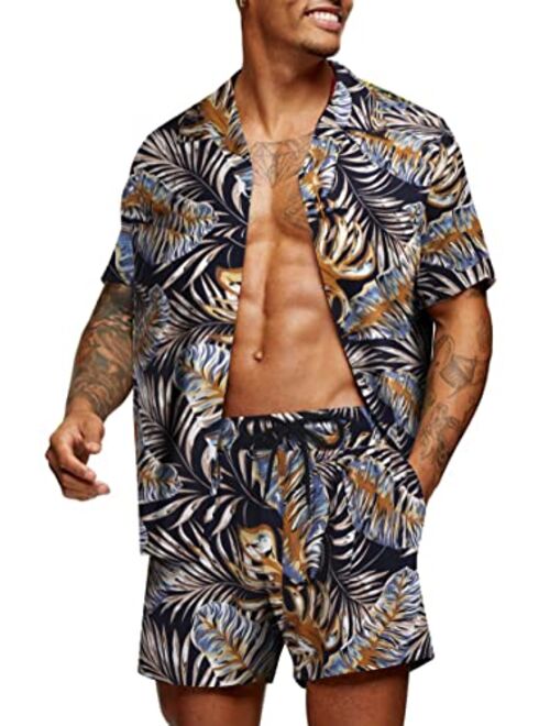 COOFANDY Mens Hawaiian Shirt Sets Floral Short Sleeve Button Down Shirt Suit