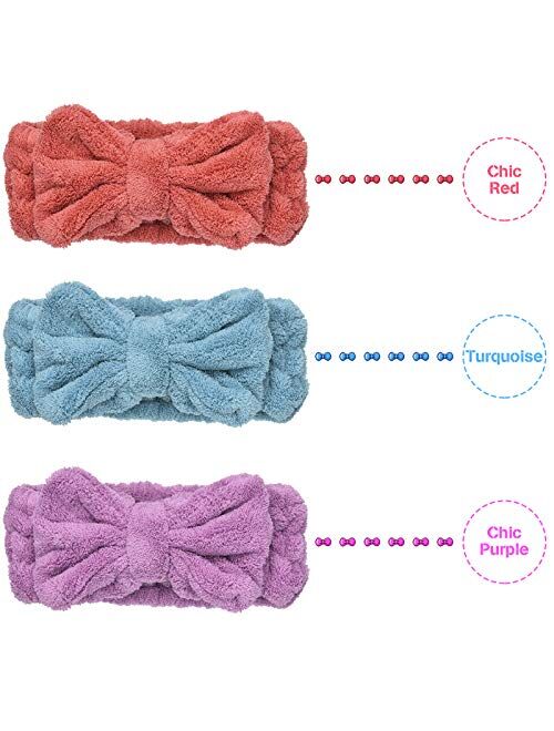 Hicarer 3 Pieces Towel Headbands for Women Makeup Headband for Washing Face Makeup Spa Headband, Microfiber Bowtie Shower Headband for Women and Girls (Pink, Blue, White)
