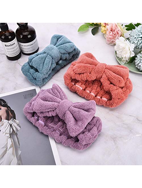 Hicarer 3 Pieces Towel Headbands for Women Makeup Headband for Washing Face Makeup Spa Headband, Microfiber Bowtie Shower Headband for Women and Girls (Pink, Blue, White)