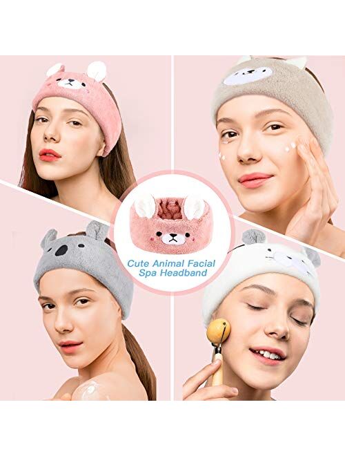 Chuangdi 4 Pieces Makeup Spa Headband Face Wash Headband Animal Headband for Washing Face Coral Fleece Cosmetic Headband Plush Animal Ears Shower Hairband for Women girls
