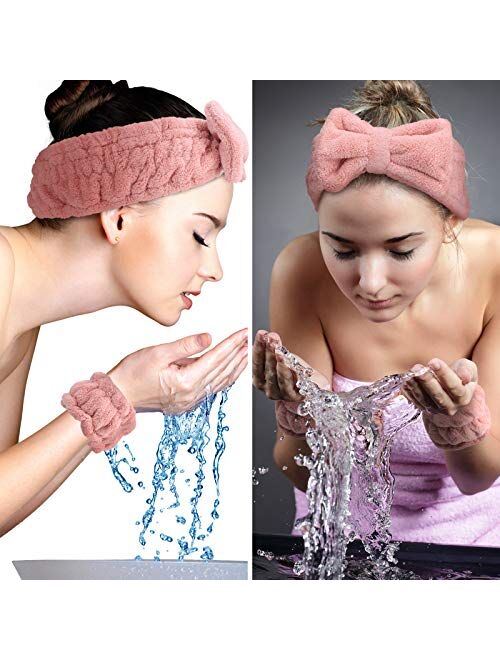 Chuangdi 4 Pieces Spa Headband Wrist Washband Scrunchies Cuffs for Washing Face, Towel Wristbands Hair Headband Face Wash Wristband for Women Girls Makeup Prevent Liquids