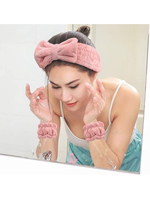 Chuangdi 4 Pieces Spa Headband Wrist Washband Scrunchies Cuffs for Washing Face, Towel Wristbands Hair Headband Face Wash Wristband for Women Girls Makeup Prevent Liquids
