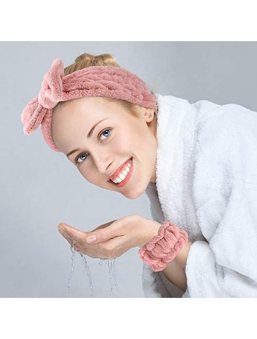 Chuangdi 4 Pieces Spa Headband Wrist Washband Scrunchies Cuffs for Washing Face, Towel Wristbands Hair Headband Face Wash Wristband for Women Girls Makeup Prevent Liquids
