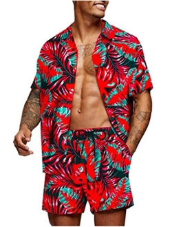 Lexiart Mens 2 Piece Hawaiian Sets Short Sleeve Flower Shirt Casual Button Down Shirt