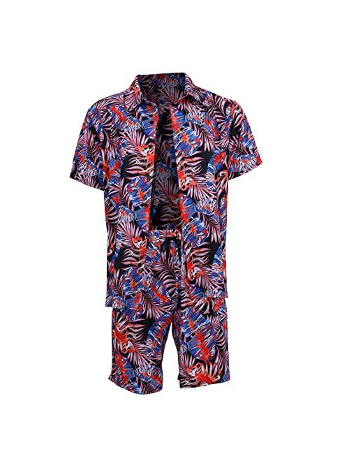 Lexiart Mens 2 Piece Hawaiian Sets Short Sleeve Flower Shirt Casual Button Down Shirt