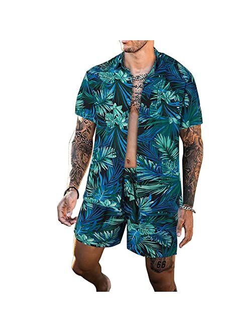 Aifiwu Men's Hawaiian Shirts Short 2 Piece Flower Shirt Button-Down Short Sleeve Fit Summer Vacation, Beach