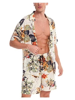 We1Fit Men's Hawaiian Shirts Flower Shirt Sets Button Down Short Sleeve Shirt Beach Suits Tropical Summer