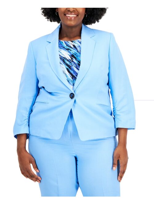 Kasper Plus Size Linen Cinched-Sleeve Single-Button Blazer