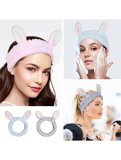 Ygreato 4 Pack Elastic Makeup Headbands for GirlsWomens Lovely Bunny Ears HeadbandsCoral Fleece for Washing Face Head Wraps