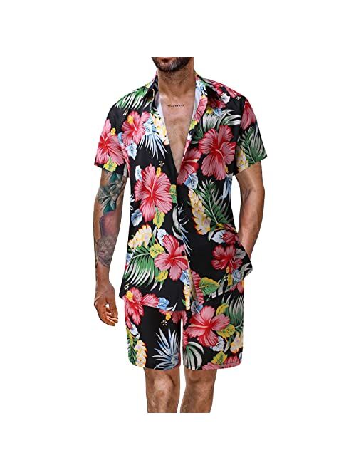 WOCACHI Hawaiian Men's Beach Outfit Sets, Summer Boho Printed Button-down Shirts and Shorts 2 Piece Set for Mens