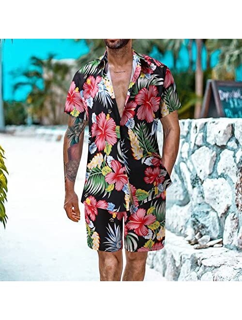 WOCACHI Hawaiian Men's Beach Outfit Sets, Summer Boho Printed Button-down Shirts and Shorts 2 Piece Set for Mens