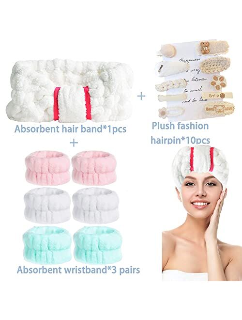 Birheatry 3 Pairs Wrist Spa Washband-1 Pieces Coral Fleece Facial Makeup Headband Hair Band + 3 Pairs Wrist Washband+10pcs Plush fashion hairpin,For Women Girls Prevent L