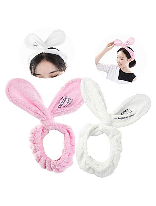 POZILAN 2 Pcs Spa Headband for Makeup Shower Washing Face - Soft Microfiber Terry Head Wraps, Cute Bunny Ear Shape with Wire Inside, Adjustable Towels for Facial Treatmen