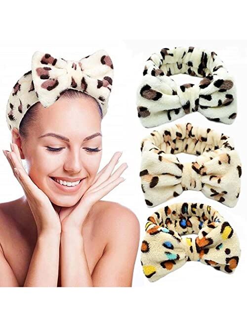 JONKY Wide Makeup Hair Band Spa Washing Face Headband Leopard Bow Headbands Shower Bath Hairband Microfiber Bowtie Towel Headband Elastic Coral Fleece Hair Wrap Adjustabl