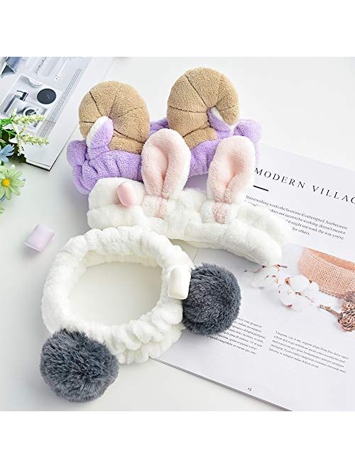 HUIANER Cute Animal Ears Headbands with Fluffy Ball Soft Coral Fleece Elastic Hair Band For Women Washing Face Makeup Cosmetic, Pack of 3
