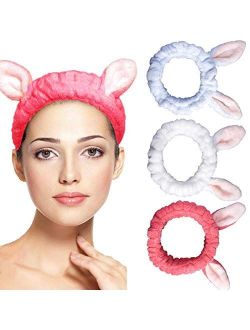 JONKY Spa Washing Face Headband Bunny Ear Headbands Wide Makeup Hair Band Shower Bath Hairband Microfiber Bowtie Towel Headband Elastic Coral Fleece Hair Wrap Adjustable 