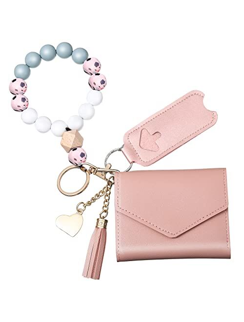 Weewooday Wristlet Bracelet Keychain with Wallet Silicone Beaded Keychain Leather Keychain Lipstick Holder Chapstick Sleeves
