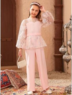 Girls Contrast Floral Embroidery Mesh Lantern Sleeve Belted Jumpsuit