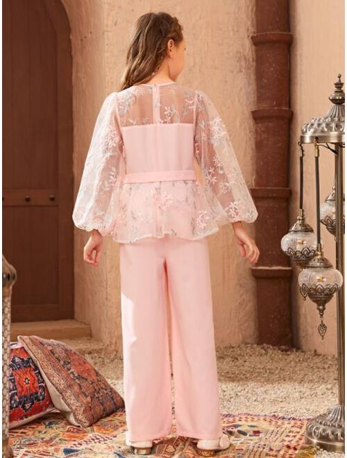 SHEIN Girls Contrast Floral Embroidery Mesh Lantern Sleeve Belted Jumpsuit