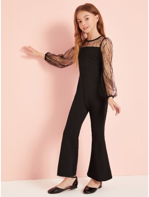 SHEIN Girls Mesh Yoke Flare Leg Jumpsuit