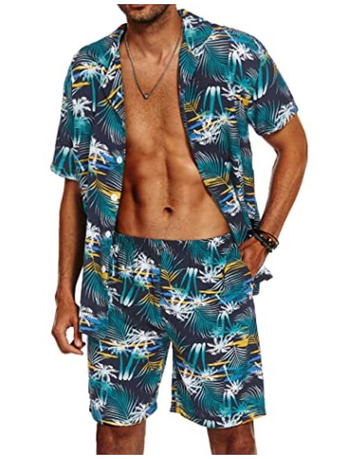 Ekouaer Men's Hawaiian Shirts Casual Button Down Short Sleeve Printed Shorts Summer Beach Tropical Flower Shirt Suits
