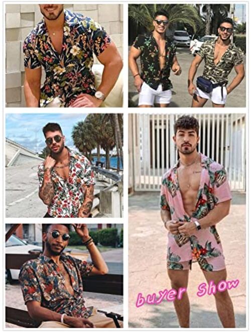 Ekouaer Men's Hawaiian Shirts Casual Button Down Short Sleeve Printed Shorts Summer Beach Tropical Flower Shirt Suits