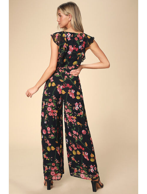 Lulus Blooming Love Black Floral Print Ruffled Jumpsuit